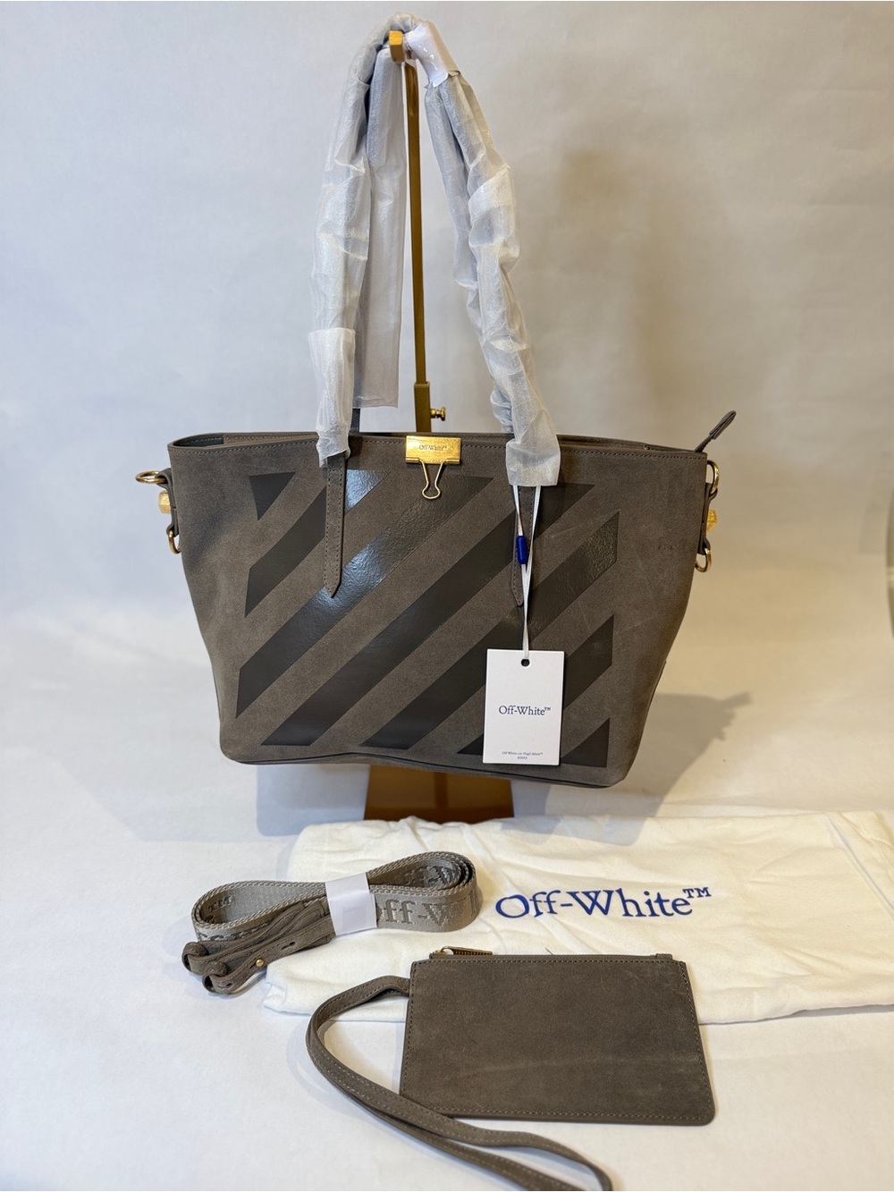 Off-White Gray Suede Tote Diagonal Stripe
